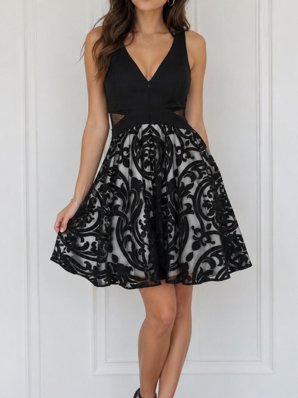 XSCAPE Black Fit & Flare Cocktail Dress Size 6 | Mesh Waist | Floral Overlay